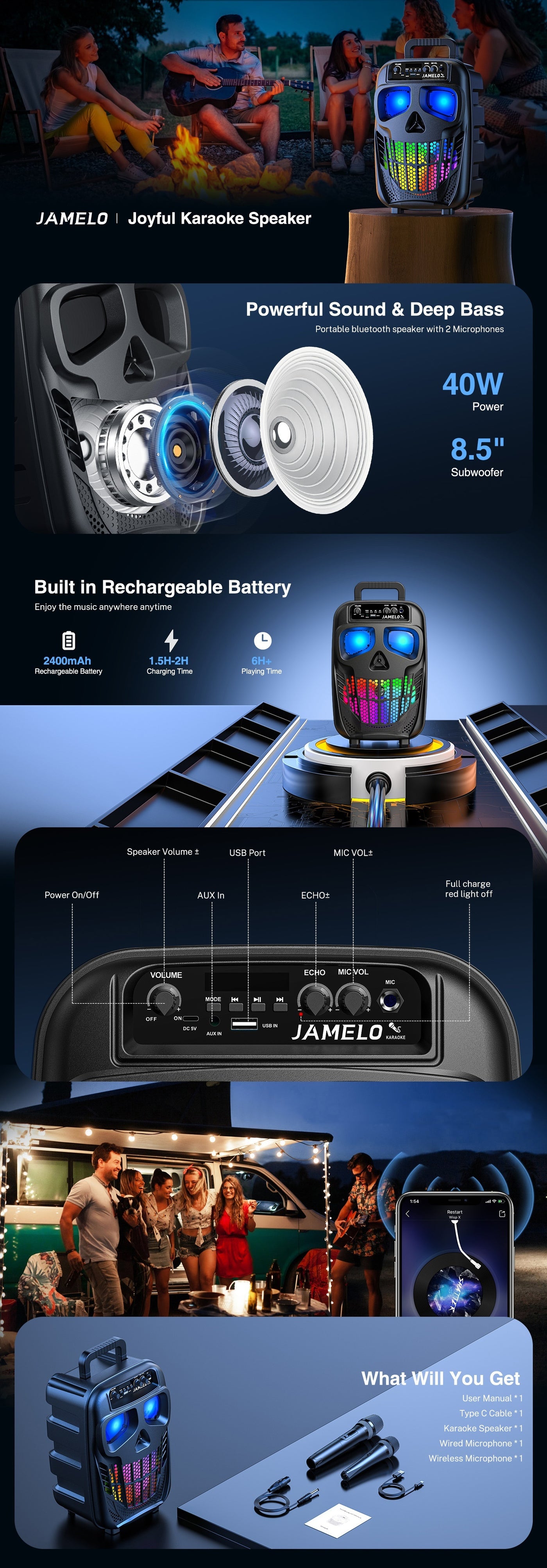 Karaoke Machine Speaker with 2 Microphones