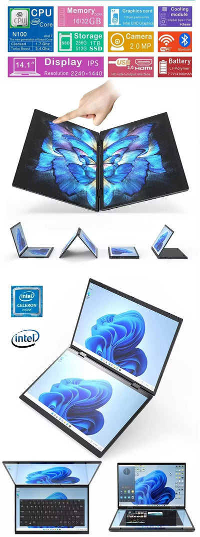 Dual Screen Laptop Intel N100 Processor